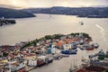 Bergen, Norway - Panoramic city view with Bergen Vagen harbor - Bergen Havn - and historic Bryggen heritage district seen from Royalty Free Stock Photo