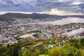 Bergen, Norway - Panoramic city view with Bergen Vagen harbor - Bergen Havn - and historic Bryggen heritage district seen from Royalty Free Stock Photo