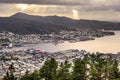 Bergen, Norway - Panoramic city view with Bergen Vagen harbor - Bergen Havn - and historic Bryggen heritage district seen from Royalty Free Stock Photo