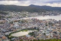 Bergen, Norway - Panoramic city view with Bergen Vagen harbor - Bergen Havn - and historic Bryggen heritage district seen from Royalty Free Stock Photo