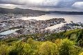 Bergen, Norway - Panoramic city view with Bergen Vagen harbor - Bergen Havn - and historic Bryggen heritage district seen from Royalty Free Stock Photo