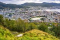 Bergen, Norway - Panoramic city view with Bergen Vagen harbor - Bergen Havn - and historic Bryggen heritage district seen from Royalty Free Stock Photo