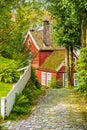 Bergen, Norway - Reconstructed XIX century Norwegian city street with wooden houses in Old Bergen Museum - Gamle Bergen Museum - Royalty Free Stock Photo