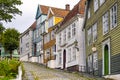 Bergen, Norway - Reconstructed XIX century Norwegian city street with wooden houses in Old Bergen Museum - Gamle Bergen Museum - Royalty Free Stock Photo