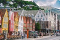 Bergen, Norway. View of historical buildings in Bryggen. Hanseatic wharf in Bergen, Norway July 28, 2019. UNESCO. Famous Bryggen Royalty Free Stock Photo