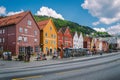 Bergen, Norway. View of historical buildings in Bryggen. Hanseatic wharf in Bergen, Norway July 28, 2019. UNESCO. Famous Bryggen Royalty Free Stock Photo