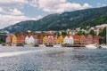 Bergen, Norway. View of historical buildings in Bryggen. Hanseatic wharf in Bergen, Norway July 28, 2019. UNESCO. Famous Bryggen Royalty Free Stock Photo