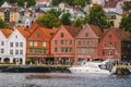 Bergen, Norway. View of historical buildings in Bryggen. Hanseatic wharf in Bergen, Norway July 28, 2019. UNESCO. Famous Bryggen Royalty Free Stock Photo