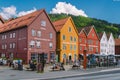 Bergen, Norway. View of historical buildings in Bryggen. Hanseatic wharf in Bergen, Norway July 28, 2019. UNESCO. Famous Bryggen Royalty Free Stock Photo