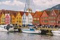 Bergen, Norway. View of historical buildings in Bryggen. Hanseatic wharf in Bergen, Norway July 28, 2019. UNESCO. Famous Bryggen Royalty Free Stock Photo