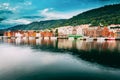 Bergen, Norway. View Of Historical Buildings Houses In Bryggen - Hanseatic Wharf In Bergen, Norway. Royalty Free Stock Photo