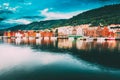 Bergen, Norway. View Of Historical Buildings Houses In Bryggen - Hanseatic Wharf In Bergen, Norway. UNESCO. Royalty Free Stock Photo