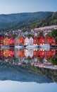 Bergen street at night with boats in Norway, Unesco World Heritage Site Royalty Free Stock Photo