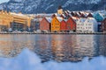 Bergen waterfront cityscape.with pucturesque bryggen houses in colorful theme in front of the wharf. Looking from across the bay