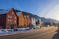 Bergen waterfront cityscape.with pucturesque bryggen houses in colorful theme in front of the wharf. Looking from across the