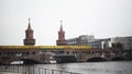 BERLIN - AUGUST 21: Locked down shot of people and traffic on Oberbaum bridge