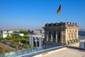 Berlin, Germany - Rooftop of the Reichstag building with the historic corner tower and Germany flag with Berlin skyline in Royalty Free Stock Photo