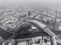 Berlin, Capital of Germany from above. Aerial winter cityscape of Railway Station Berlin Bahnhof Friedrichstrasse