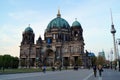 Berlin Cathedral, western elevation, view in the evening dusk, TV Tower in the background