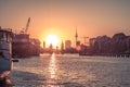 Berlin city skyline with sunset sky - river Spree, Oberbaum Bridge, Tv Tower Royalty Free Stock Photo