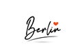 Berlin city text with red love heart design. Typography handwritten design icon