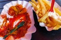 Berlin currywurst in a bowl Royalty Free Stock Photo
