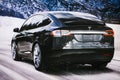 Berlin, December 12, 2017: Photo of the image of an electric vehicle Tesla model X at the Tesla motor show in Berlin. A Royalty Free Stock Photo