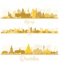 Berlin, Dresden and Leipzig Germany City Skyline Silhouettes with Golden Buildings Isolated on White