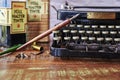 Historical writing utensils on a wooden table