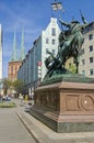 Nikolaiviertel Nicholas` Quarter with historic houses and a skulpture of St.George in Berlin