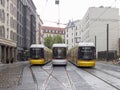 Three BVG Trams Near Monbijou Park On A Rainy Day In Berlin