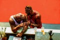 annual convention of professional tattoo artists in Berlin. .two men in tattoos communicate with each other