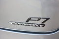 Berlin, Germany - August 20, 2022: Car Detail Xpango P7 Performance Xiaopeng Motors electric car back badge emblem logo