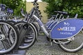 Parked rentable bikes in downtown Berlin, Germany