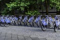 Parked rentable bikes in downtown Berlin, Germany