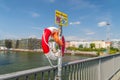 Ring buoy on Elsenbrucke bridge over Spree river.