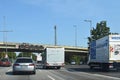Scene on the Berlin freeway A100 with different vehicles and the Berlin Radiotower in the background Royalty Free Stock Photo