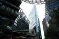 Sky above DB Tower from detailed exterior architecture of Sony Centre on Potsdamer platz in Berlin