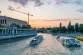 View of Sunset over Spree river from Friedrichs Brucke bridge.