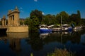 BERLIN, GERMANY: Beautiful front gate and promenade with river and boats