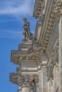 Berlin, germany, 8-8-2015 Close-up of a piece of wall with statues of the famous neo-Renaissance parliament building Reichstag i Royalty Free Stock Photo