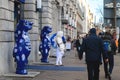 Berlin, Germany - December 02, 2016:Sculptures of large blue bears opposite the Nivea store in Berlin street