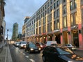 Shopping Mall of Berlin Exterior with Christmas Decoration, Christmas Tree and Lights and Potsdamer Platz in Background