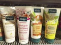 View of a shelf with different types of shower creams in a supermarket