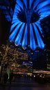 BERLIN, GERMANY - JAN 17th, 2015: Close up of blue lit roof structure of Sony Center at night, showing strong Royalty Free Stock Photo