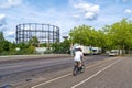 Street scene with cyclist in Berlin. The cycle path was painted to give cyclists more space in traffic