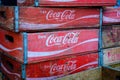 The Coca Cola brand logo on old vintage Coca Cola boxes / case f Royalty Free Stock Photo