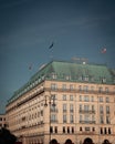 Berlin, Germany - June 1, 2019: The facade of the famous luxury hotel Adlon Kempinski at Pariser Platz in the heart of Berlin, Royalty Free Stock Photo