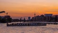 Old ship on the spree river in Berlin on TV tower and Oberbaum b