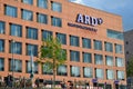 Berlin, Berlin, Germany - June 20 2014: The red ARD capital studio building in Berlin with its many windows